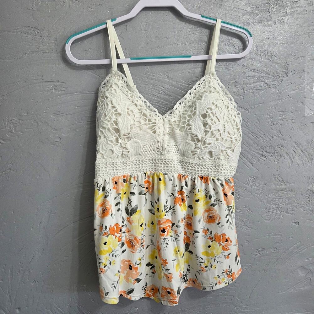 No Boundaries White Tank Top with Orange and Yellow Flowers size L